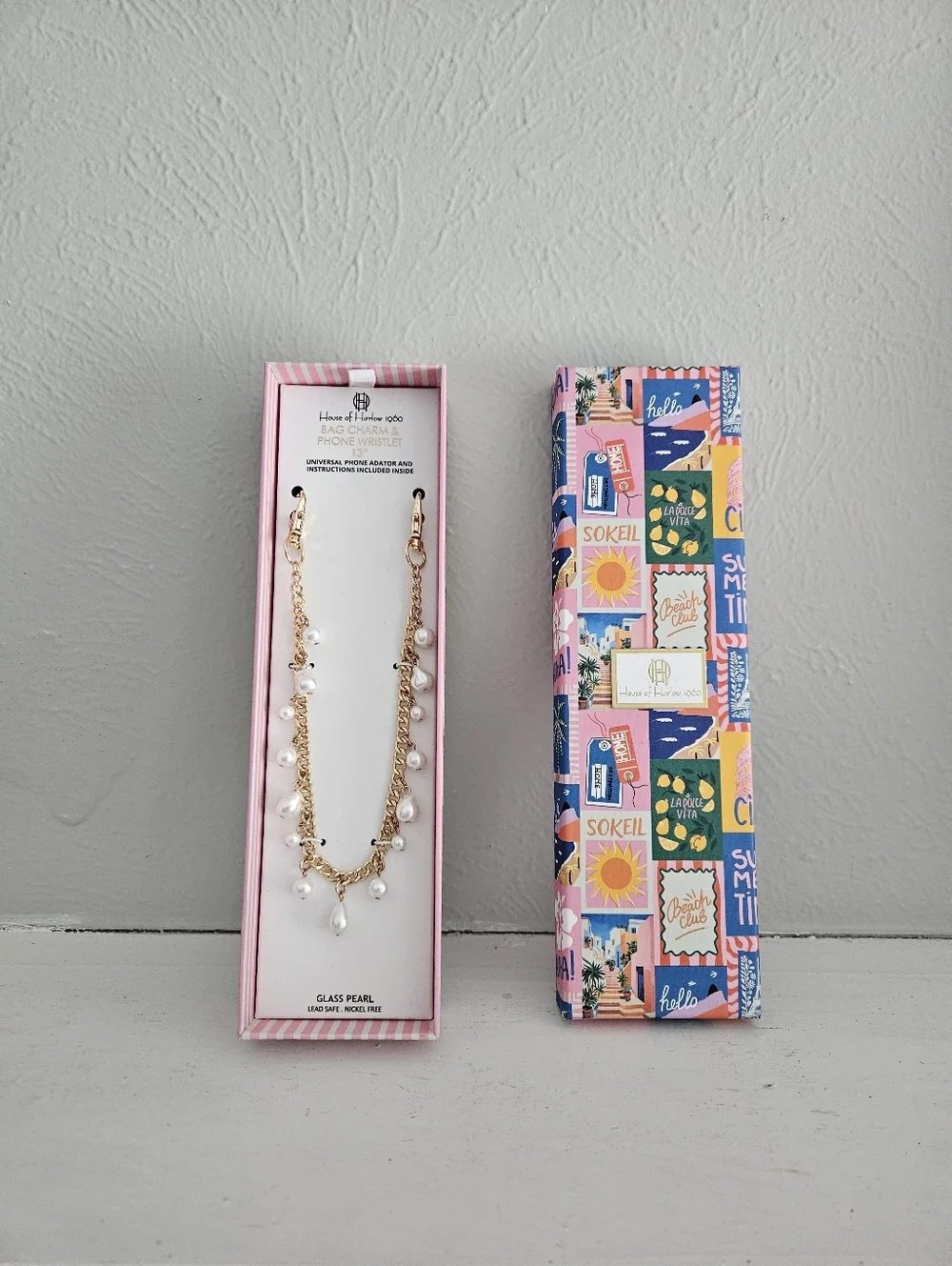 NWT House Of Harlow 1960 Gold Chain With Glass Pearl Universal Phone Wristlet